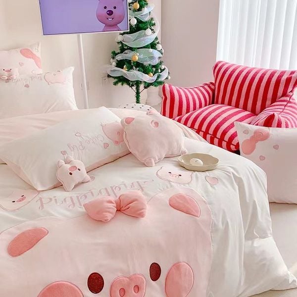  Bộ Chăn Ga Cotton Linen Kids - Heo Hồng 