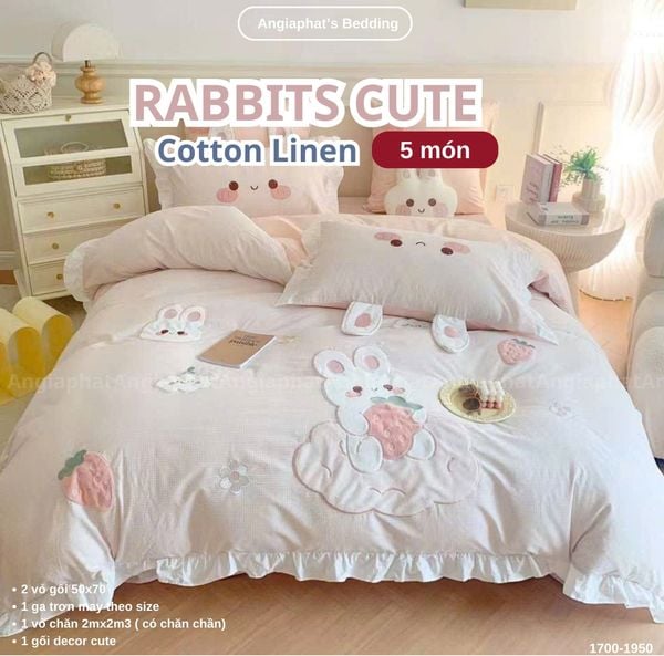  Bộ Chăn Ga Cotton Linen Kids / Cho Bé - Thỏ Dâu Tây 