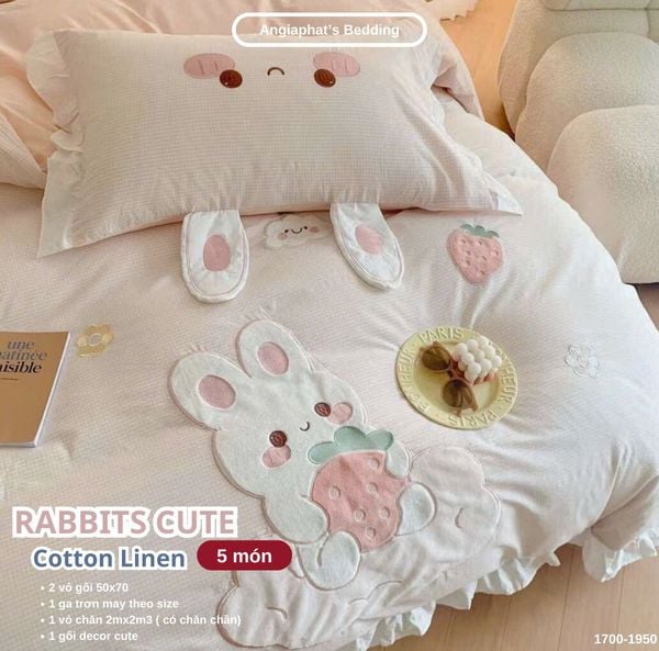  Bộ Chăn Ga Cotton Linen Kids / Cho Bé - Thỏ Dâu Tây 