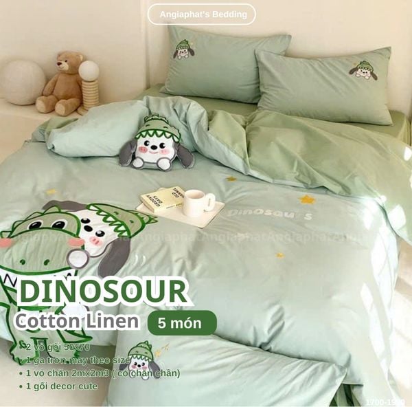  Bộ Chăn Ga Cotton Linen Kids / Cho Bé - Khủng Long Xanh 