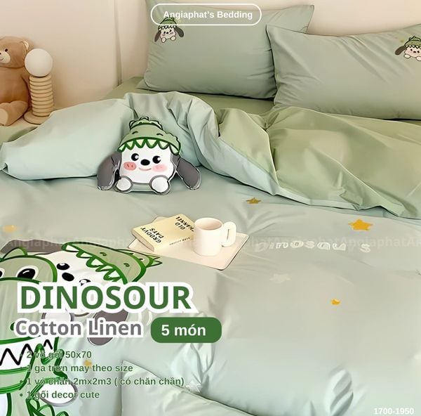  Bộ Chăn Ga Cotton Linen Kids / Cho Bé - Khủng Long Xanh 