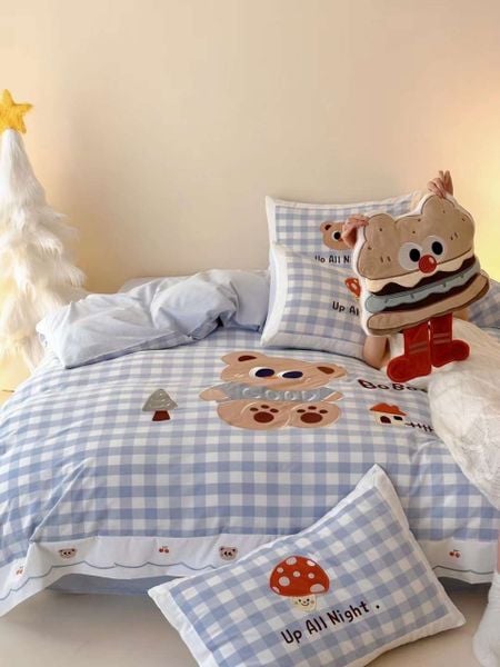  Bộ Chăn Ga Cotton Linen Kids - Gấu Caro 
