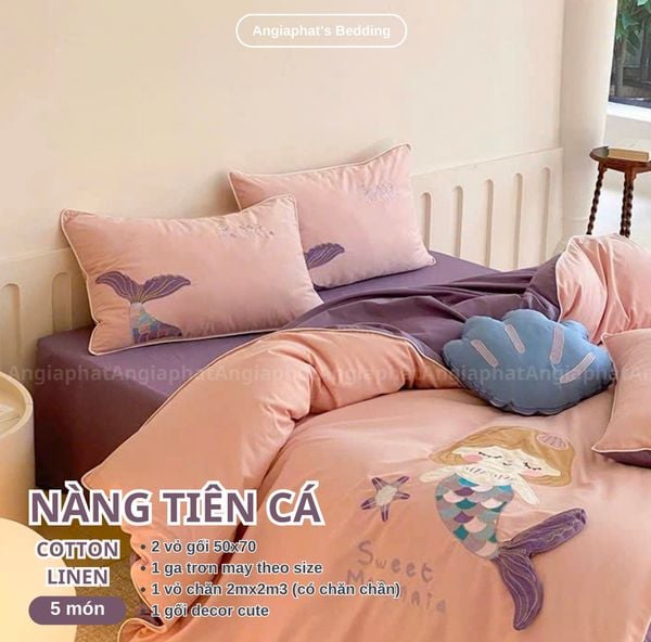  Bộ Chăn Ga Cotton Linen Kids / Cho Bé - Tiên Cá 