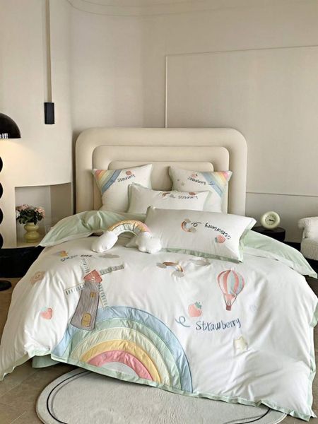 Bộ Chăn Ga Cotton Linen Kids - Cầu Vồng Trắng Xanh 
