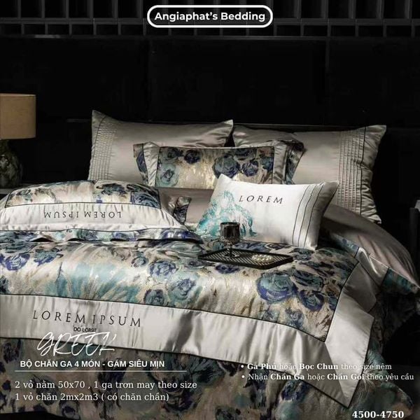  Set Chăn Ga Luxury - Gấm Siêu Mịn - HOA XANH 
