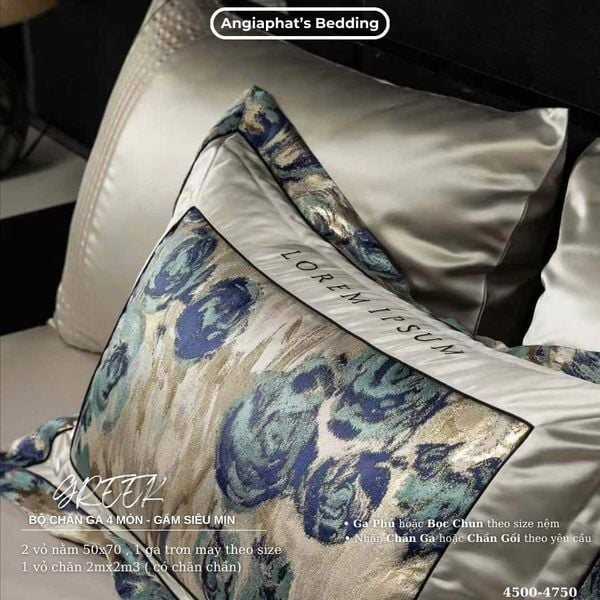  Set Chăn Ga Luxury - Gấm Siêu Mịn - HOA XANH 