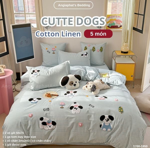  Bộ Chăn Ga Cotton Linen Kids / Cho Bé - Cute Dogs Xanh Caro 