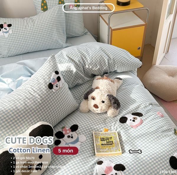  Bộ Chăn Ga Cotton Linen Kids / Cho Bé - Cute Dogs Xanh Caro 