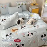  Bộ Chăn Ga Cotton Linen Kids / Cho Bé - Cute Dogs Xanh Caro 