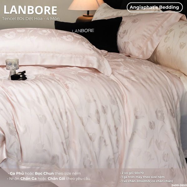  Set Chăn Ga Tencel 80s Dệt Hoa - Lanbore Tulip Hồng 