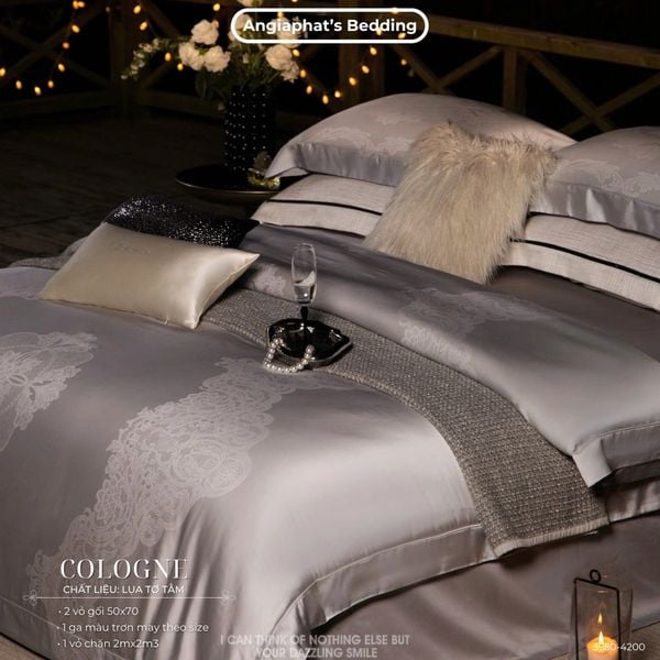  Set Chăn Ga GẤM TƠ TẰM - COLOGNE - MÀU GHI 