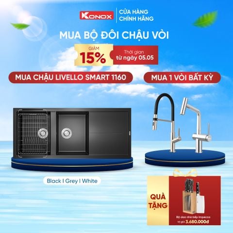 Chậu rửa bát Konox Livello Smart 1160 Grey + Vòi rửa Konox cao cấp tặng Bộ dao 5 món Impecca