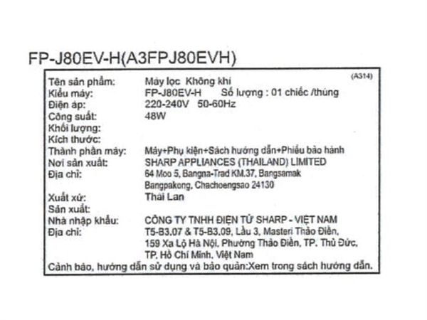 Máy lọc không khí Sharp FP-J80EV-H 48W
