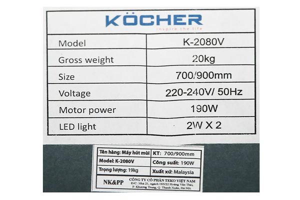 Máy hút mùi áp tường Kocher K-2080V 70