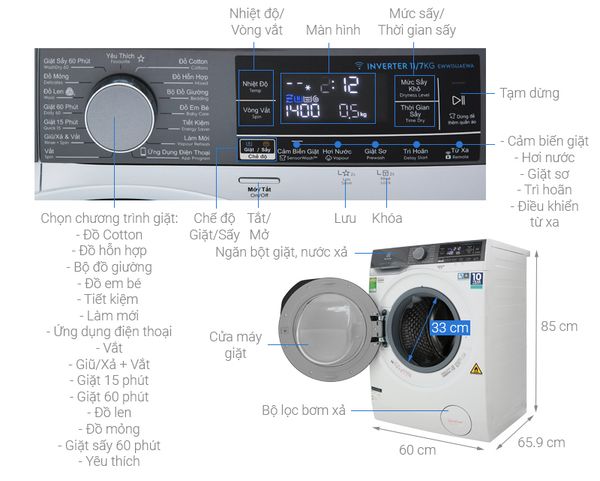 Máy giăt kết hợp sấy Electrolux 11 kg EWW1141AEWA