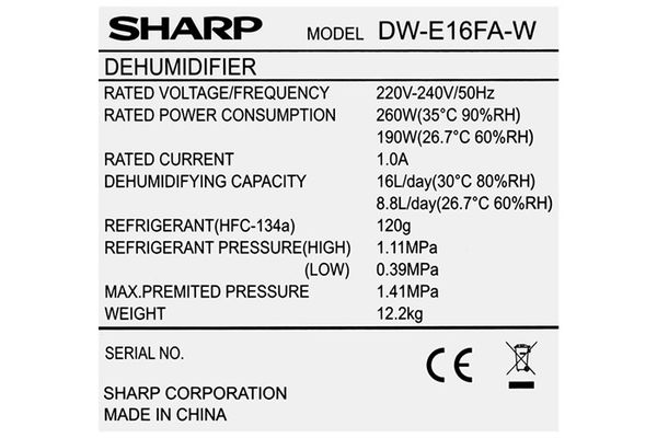 Máy lọc không khí kèm hút ẩm Sharp DW-E16FA-W