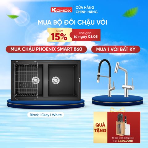 Chậu rửa bát đá Konox Phoenix 860 Grey + Vòi rửa Konox cao cấp tặng Bộ dao 5 món Impecca