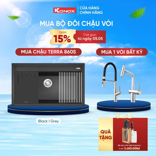Mua Chậu rửa bát âm Konox Terra 860S Grey + Vòi rửa cao cấp tặng Bộ dao 5 món Impecca