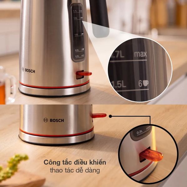 ẤM ĐUN NƯỚC SIÊU TỐC BOSCH CHÍNH HÃNG TWK6M480 ( INOX XÁM)