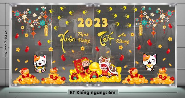 DECAL TRANG TRÍ TẾT COMBO ĐÔI MÈO VÀ VÀNG