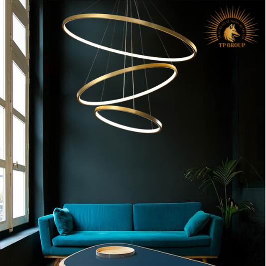 ĐÈN THẢ 3 VÒNG VÀNG BÓNG CAO CẤP TRANG TRÍ THÔNG TẦNG, PHÒNG KHÁCH KTH7055 VRG-861B18