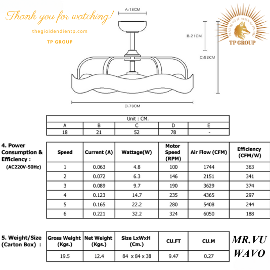 QUẠT TRẦN WAVO (MIỄN PHÍ LẮP ĐẶT)