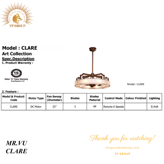 QUẠT TRẦN CLARE (MIỄN PHÍ LẮP ĐẶT)