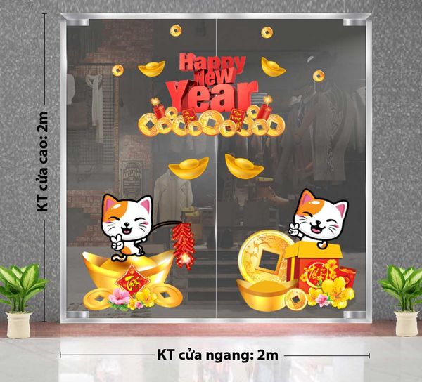 DECAL COMBO HAPPY NEW YEAR VÀ ĐÔI MÈO TRÊN ĐỒNG TIỀN VÀNG