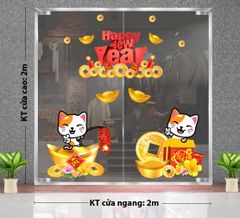 DECAL COMBO HAPPY NEW YEAR VÀ ĐÔI MÈO TRÊN ĐỒNG TIỀN VÀNG