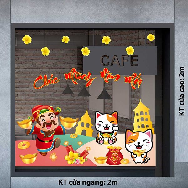 DECAL THẦN TÀI VÀ ĐÔI MÈO CHÚC MỪNG NĂM MỚI 2023