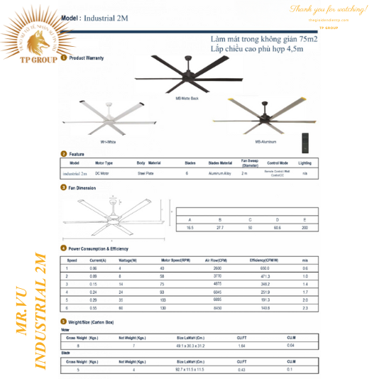 QUẠT TRẦN INDUSTRIAL 2M (MIỄN PHÍ LẮP ĐẶT)
