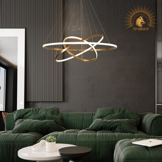 ĐÈN THẢ 3 VÒNG VÀNG BÓNG CAO CẤP TRANG TRÍ THÔNG TẦNG, PHÒNG KHÁCH KTH7055 VRG-861B18