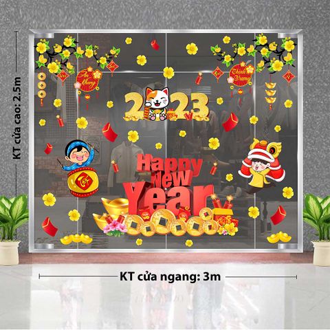 DECAL COMBO MAI VÀNG VÀ CHỮ HAPPY NEW YEAR