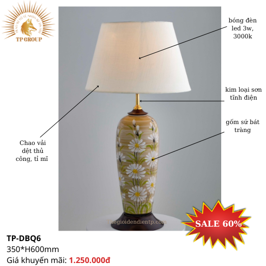 ĐÈN BÀN GỐM SỨ TS05 TPBDQ6 GỐM SỨ HOA CÚC ( đặt hàng từ 10- 15  ngày)