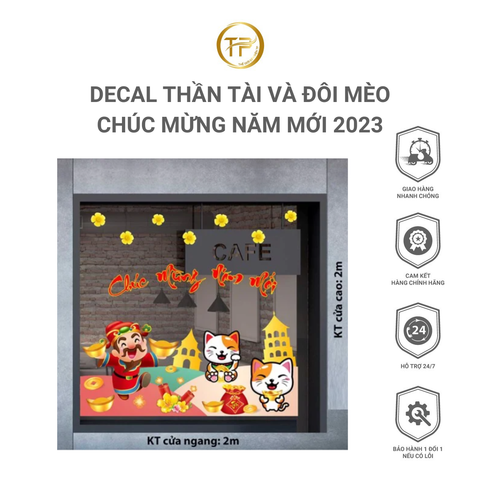 DECAL THẦN TÀI VÀ ĐÔI MÈO CHÚC MỪNG NĂM MỚI 2023