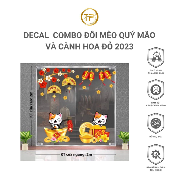 DECAL COMBO ĐÔI MÈO QUÝ MÃO VÀ CÀNH HOA ĐỎ 2023