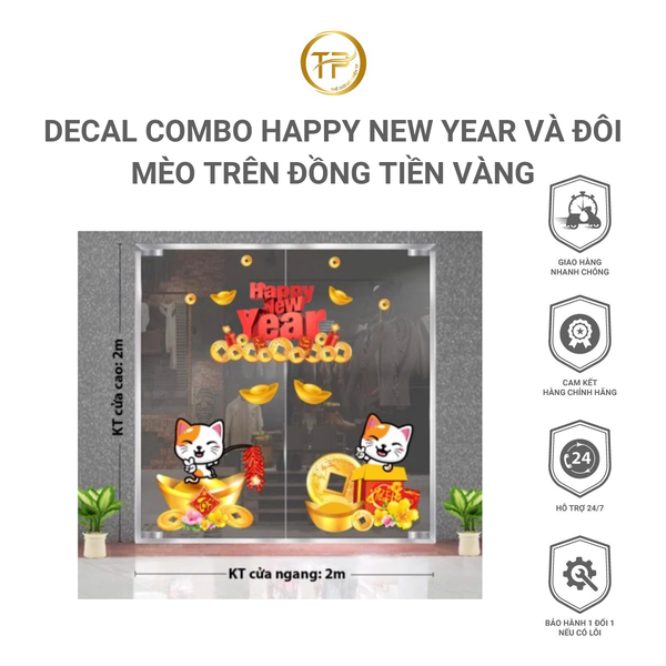 DECAL COMBO HAPPY NEW YEAR VÀ ĐÔI MÈO TRÊN ĐỒNG TIỀN VÀNG