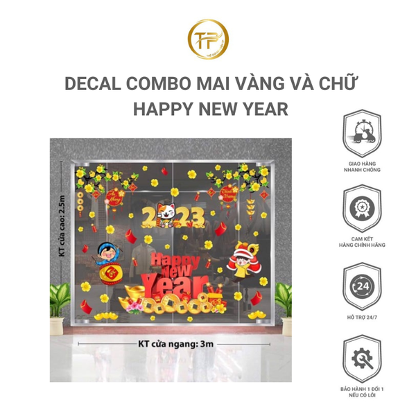 DECAL COMBO MAI VÀNG VÀ CHỮ HAPPY NEW YEAR