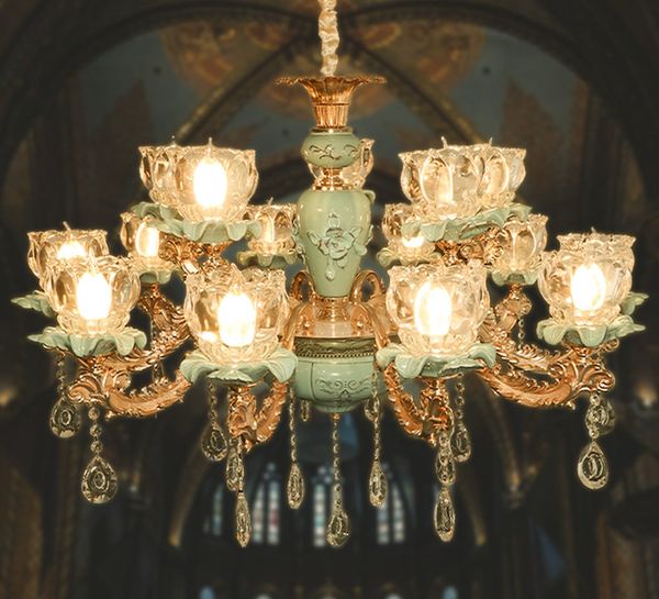 ĐÈN CHÙM PHA LÊ SỨ XANH NGỌC SANG TRỌNG (HÀNG ĐẶT 10 -15 NGÀY)