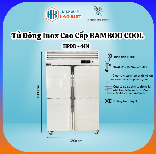 HPDM-4IN2N - Tủ Đông - Mát Bamboo Cool đứng inox _ 4 Cửa - Có bám tuyết