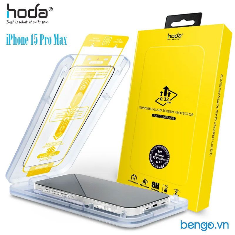  Cường lực iPhone 15 Pro Max/15 Pro/15 Plus/15 Hoda Clear có khung dán (hộp vàng) 