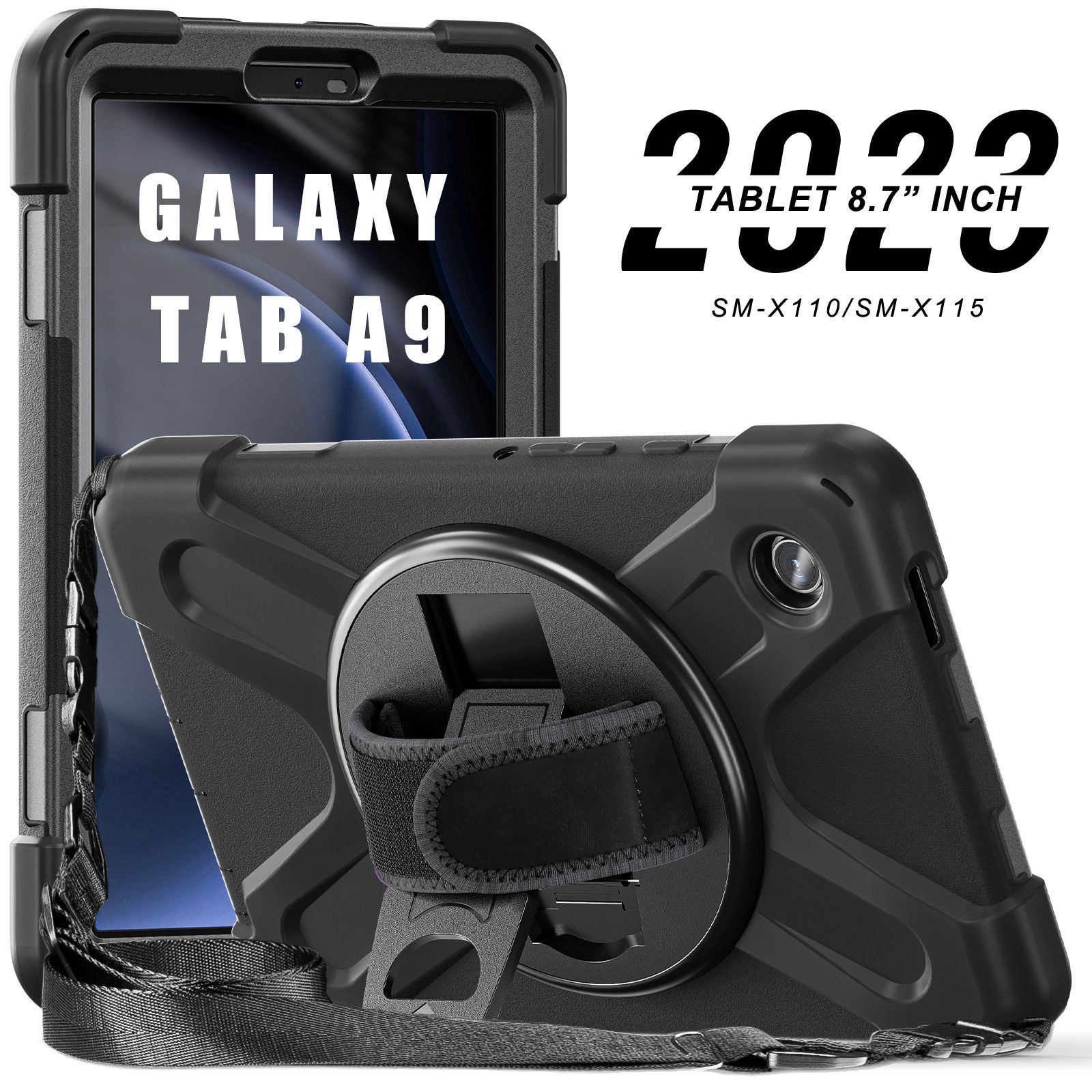  Ốp lưng Samsung Galaxy Tab A9/Tab A9 Plus chống sốc có chân dựng, dây đeo vai và tay - Đen 