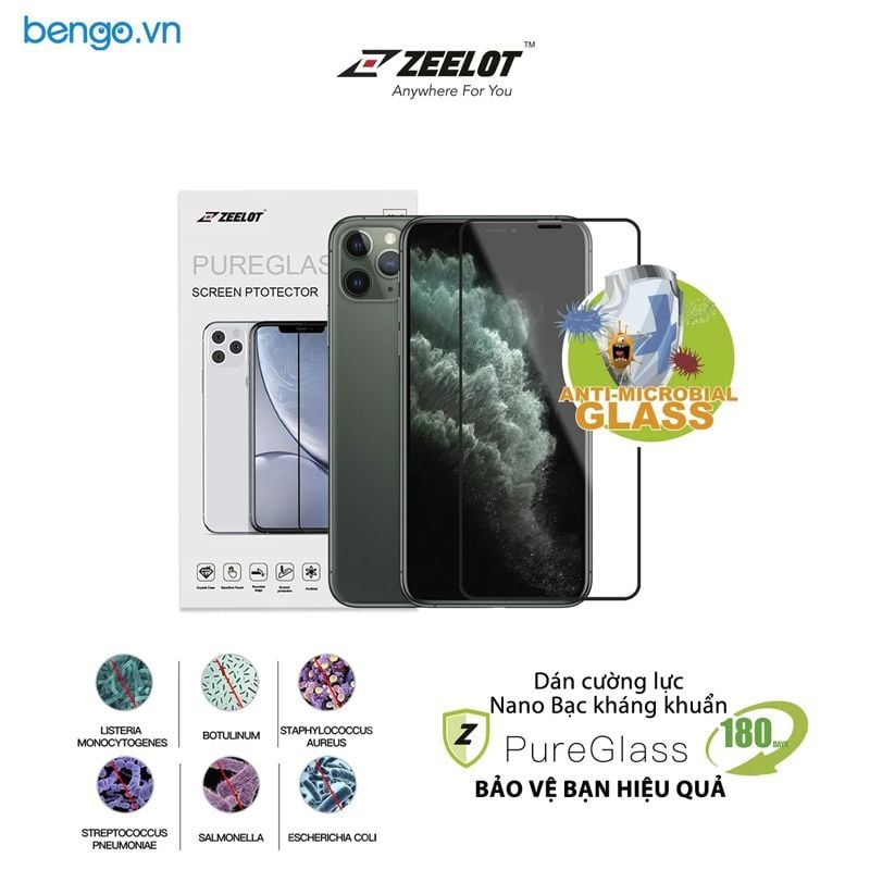  Dán cường lực iPhone 11/11 Pro/11 Pro Max Zeelot PureGlass Full Nano Bạc Kháng Khuẩn 