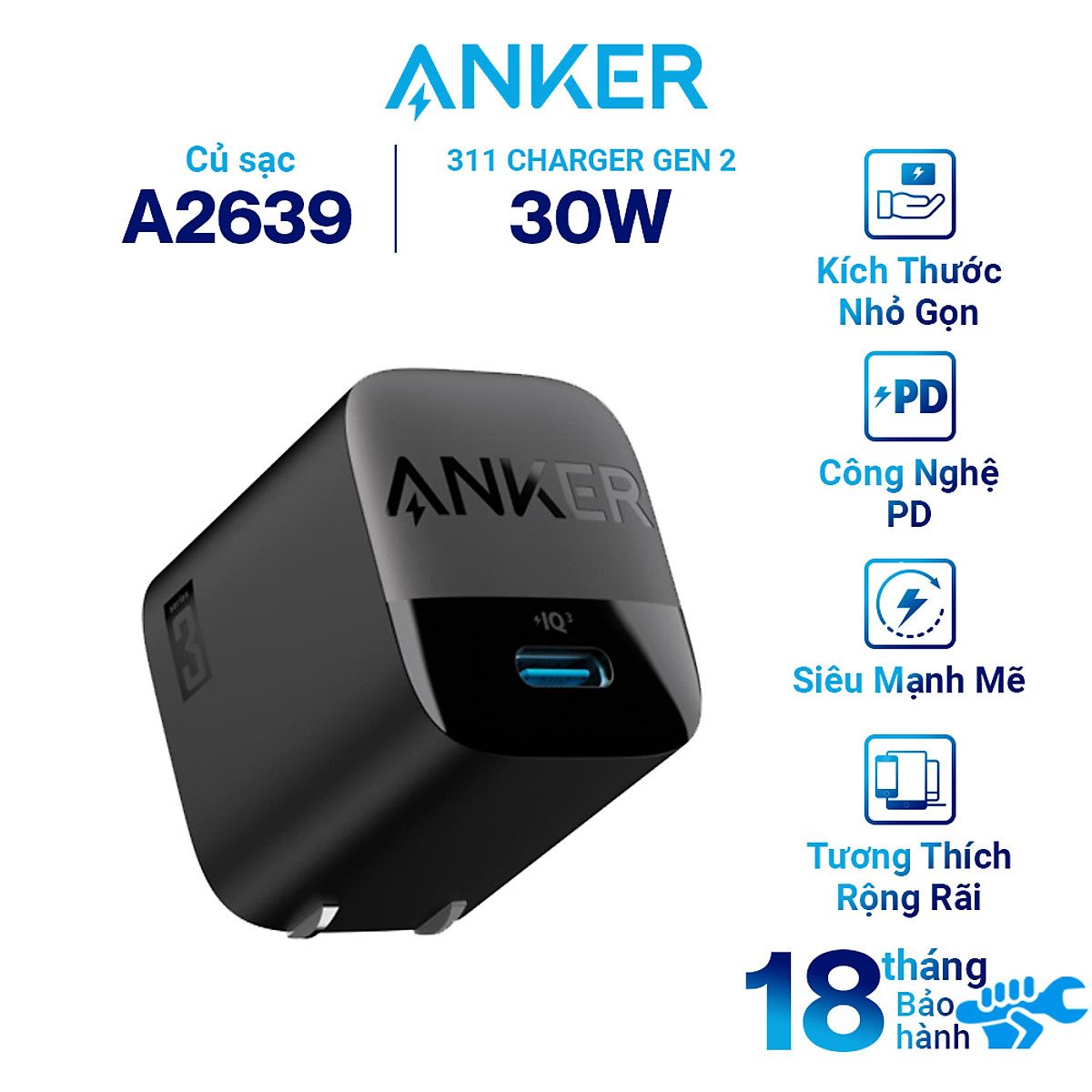  Sạc Anker 30w 313 / 311 GaN 2 (1 Cổng USB-C) - A2639 