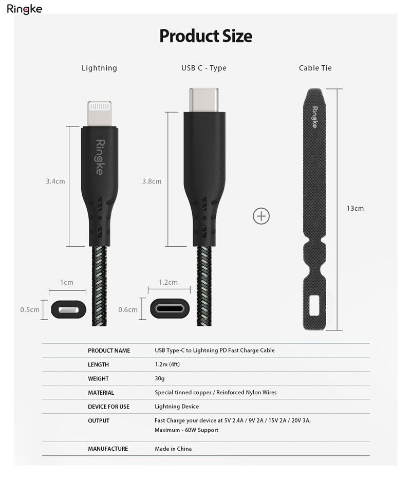  Cáp Sạc Nhanh RINGKE USB-C To Lightning Chuẩn MFi Dài 1.2m 