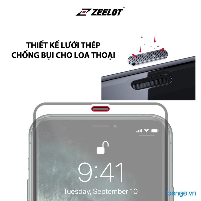  Dán cường lực iPhone 11 Pro Max/iPhone 11 Pro/iPhone 11 Zeelot PureGlass Full chống bụi loa thoại 