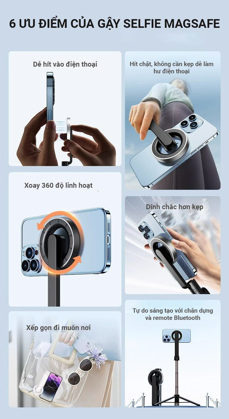  Gậy Selfie chụp ảnh MagSafe 3 chân có bluetooth dài 0.7m 