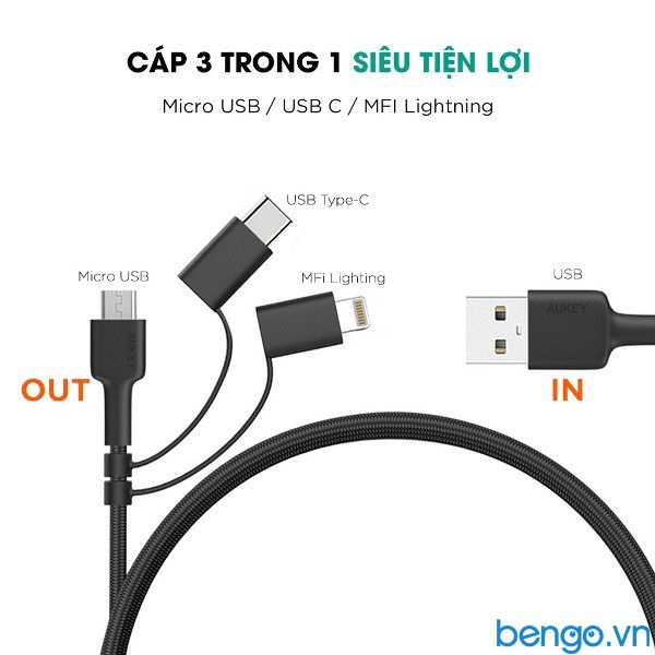  Cáp 3 Trong 1 AUKEY MFI Lightning Với Micro-USB & USB-C 1.2m - CB-BAL5 