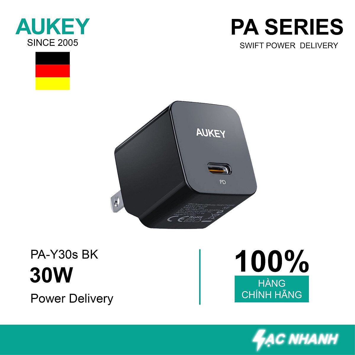  Sạc Nhanh Aukey 30W PD - PA-Y30s (Đen) 