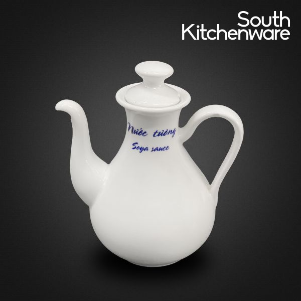 Bình nước tương + nắp cao cấp chất liệu sứ tráng men Jasmine Trắng(bộ)